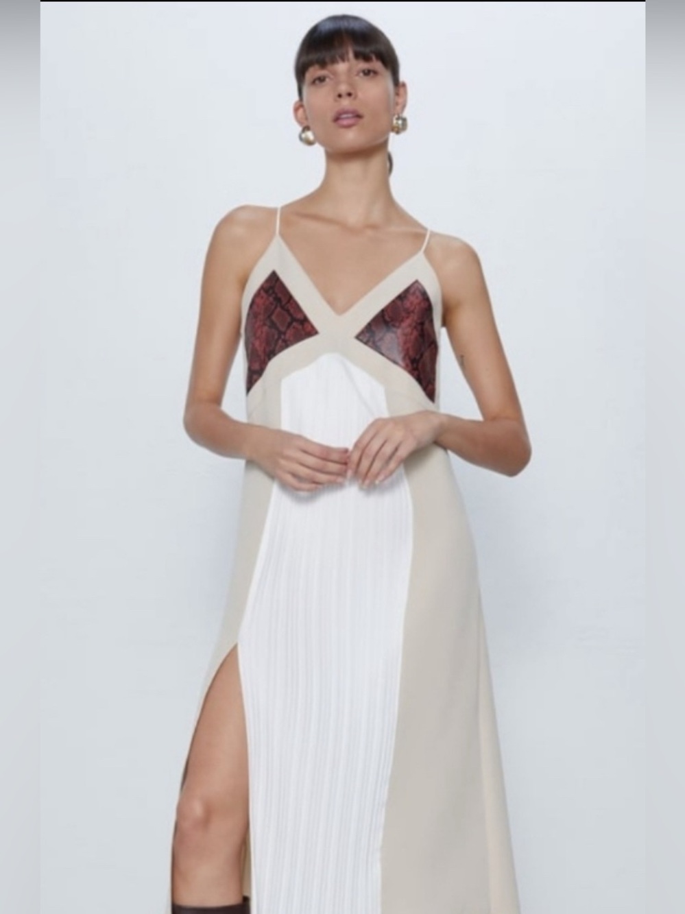 Zara Combined Midi Dress- Cream/Ecru Slip w/ Contrast Snake Print Bodice: M - Picture 6 of 10